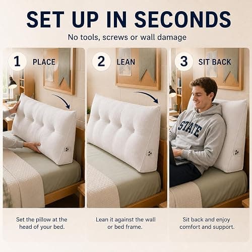 Guzhouyiye Dorm Headboard Pillow,Bed Wedge Pillow for Headboard,No Nail College Dorm Room Essentials Back Support for Reading, Plush Bolster for Daybed Bun (White,Small / 24 Inch) thumbnail 4