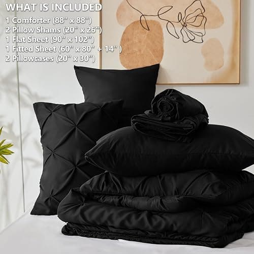 CozyLux Queen Comforter Set Black, 7 Pieces Pintuck Bed in A Bag, Premium Black Comforter Queen Size, Pinch Pleat Bedding Sets with Comforter, Sheets, Pillowcases & Shams thumbnail 6