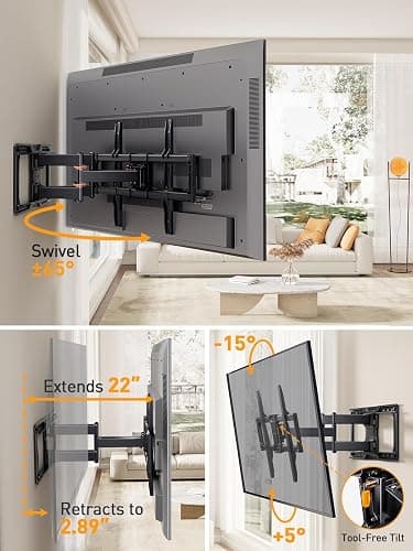 Perlegear UL-Listed Full Motion TV Wall Mount for 42–90 Inch TVs up to 150 lbs, Pre-Assembled TV Mount with Tool-Free Tilt, Swivel, Extension, Max VESA 600 x 400mm, 12″/16″/18″/24″ Wood Studs, PGLF16 thumbnail 3