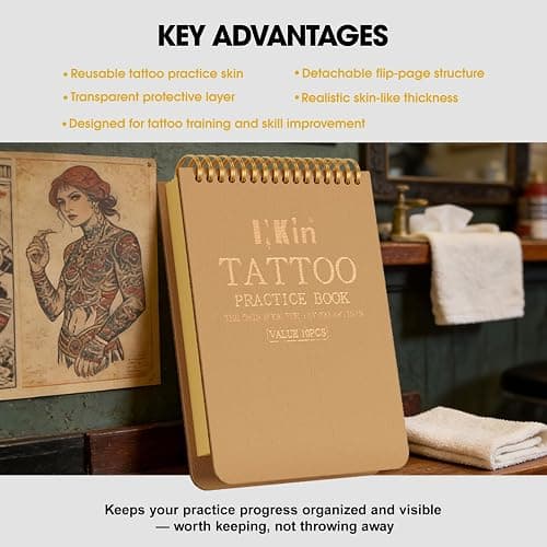 INKin 10Pcs Tattoo Practice Flipbook, 2mm Thick Silicone Fake Skin with Double-Sided Tattoo Practice Sheets, DIY Training Journal, Portable and Reusable Tattoo Skin Book for Beginners (Yellow) thumbnail 7