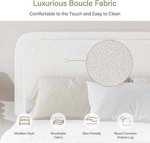 BarnFurin Twin Bed Frames with Headboard,Cloud Boucle Upholstered Platform Bed, Modern Style, Soft Rounded Corners, No Box Spring Needed, Easy Assembly, White thumbnail 6