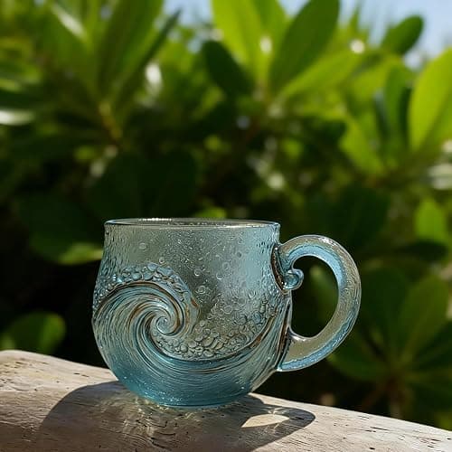 Sea Wave Handblown Glass Mug, 12 Oz Textured Ocean Design Cup for Coffee Wine Ice Drinks, Resin Drinkware Gift thumbnail 5