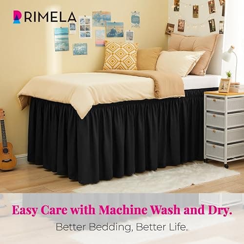 RIMELA Black Bed Skirt Twin 32 Inch Drop Silky Luxurious Fabric, Wrinkle and Fade Resistant with Adjustable Elastic Belt Easy to Install Machine Washable Dust Ruffles Bedskirt for Matress Box Spring thumbnail 2