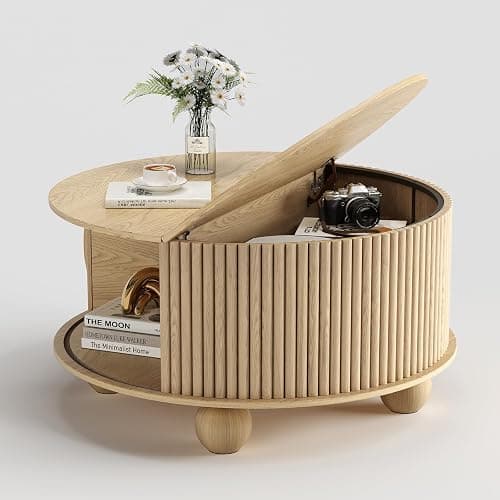 Vanvuson Round Coffee Table with Storage, 31.5" Mid Century Modern Coffee Table with Sliding Door & Bun Feet, Minimalist Fluted Center Table for Living Room, Home Small Space, Oak thumbnail 8