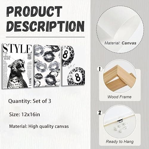 3Pcs Trendy Black and White Leopard Canvas Wall Art Fashion Lucky 8 Ball Lips Pictures Wall Decor Vintage Newspaper Cheetah Posters Prints for Bedroom Apartment Dorm 12x16in thumbnail 8