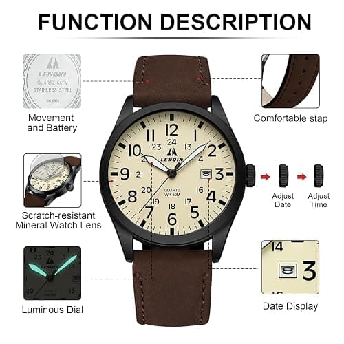 LN LENQIN Mens Watches Military Watches for Men Analog Quartz Watch Waterproof Men's Wrist Watches with Date Tactical Field Watch Leather Band thumbnail 6