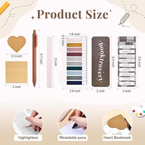 14 PCS Aesthetic Book Annotation Kit Large Checkered Pencil Case Book Lover Bookmark Dual Highlighters Gel Pens Study Supplies Stationary Set for Student Brown thumbnail 5