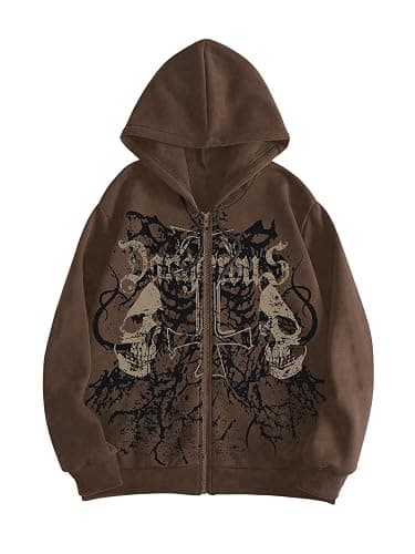 WDIRARA Men's Skull Graphic Zip Up Hoodie Sweatshirt Goth Drawstring Long Sleeve Casual Streetwear Jacket - Image 1