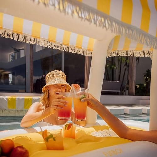 Giant Floating Yellow Cabana Stripe Drink Station, Removable Fabric Shade with Fringe, Perfect for Parties, Table-Top Decorations and in-Pool Refreshments. thumbnail 8