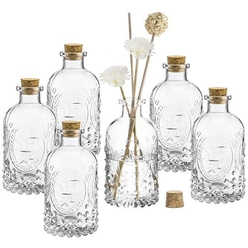 MyGift Vintage Design Embossed Fleur De Lis Clear Glass Bottles with Cork Lid, Apothecary Flower Bud Vases, Set of 6 - Image 1