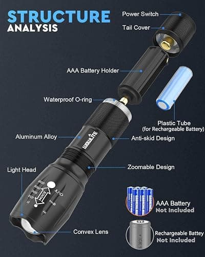 wowlite Tactical Flashlight, Wowlite Ultra Bright XML T6 LED Torch with 5 Light Modes & Adjustable Focus for Emergency Camping Hiking (2 Pack) thumbnail 2