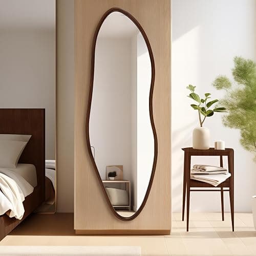 TheiaMo Irregular Full Length Mirror, 65"x22" Wooden Farmhouse Full Body Mirror, Large Asymmetrical Wall Mirrors for Living Room Entryway, Horizontal/Vertical, Walnut - Image 1