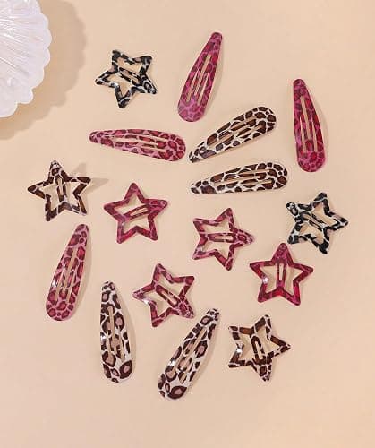 Metal Snap Hair Clips,8 Pairs Hair Barrettes for Women - Star & Water Drop Hair Barrettes, Non-Slip Y2K Accessories for Thin Thick Hair,Pink and Brown Leopard Print - Image 1