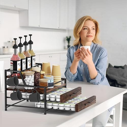 Homsorout Coffee Syrup Rack Organizer - 4-Tier 8 Syrup Wine Bottles Stand with 82 Storage Drawer for K Cups, Coffee Pod Holder for Countertop, Bar Station, Kitchen, Rustic Brown thumbnail 8