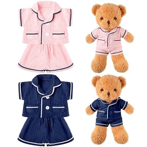Hungdao 2 Sets Bear Clothes Stuffed Animal Accessories Pink and Blue Bear Pajamas Clothes Double Layer Muslin Short Sleeve Top and Bottom Pajamas Fits Most 14-18 Inch - Image 1
