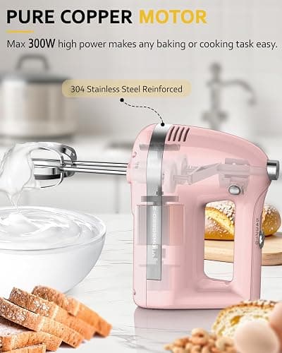 Z-DESDEMONA Electric Hand Mixer, Powerful 300W Hand Mixer Electric Handheld with 304 Beaters, Dough Hook,Hand Held Mixer with Turbo for Baking Cakes, Eggs, Cream Food(Pink) thumbnail 4