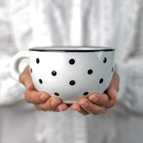 City to Cottage Handmade Ceramic Designer White And Black Polka Dot Cup, Unique Extra Large 17.5oz/500ml Pottery Cappuccino, Coffee, Tea, Soup Mug | Housewarming Gift for Tea Lovers - Image 1