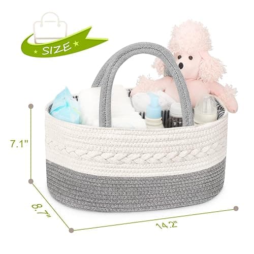 Maliton Baby Windel Caddy Organizer，Wickeltisch Organizer Aufbewahrungskorb mit Herausnehmbaren Fächern，Robuster Tragbarer Baumwollseil Windeltasche als Babyparty Geschenk，Grau - Grau - M thumbnail 3