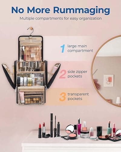 BAGSMART Makeup Bag for Women with Hanging Hook - Portable Cosmetic Case, Large Capacity Door Room Essentials Travel Organizer for Full Sized Cosmetics and Toiletries, Black thumbnail 2