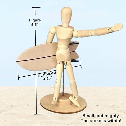 CRAFTED INGENUITY The Stokies Wooden Surf Art Figurine – 5.5” Posable Surfer with 4.5” Twin-Fin Fish Surfboard | Retro Surf Decor, Coastal Home Display, Unique Surfer Gift thumbnail 3