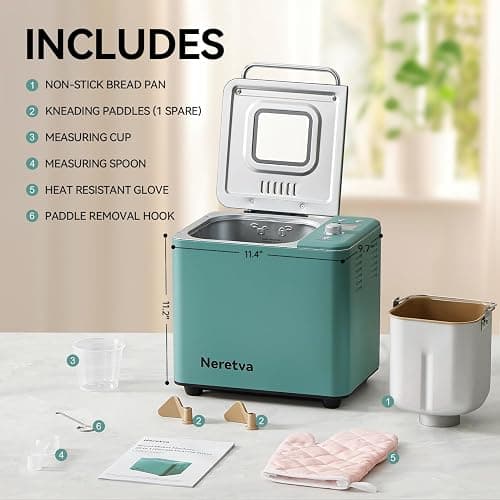 Neretva Bread Maker, 20-IN-1 2LB Bread Machine Dual Heater Bread Maker Machine Automatic with Nonstick Ceramic Pan, 15H Timer & 1H Keep Warm Set, Low Noise, Stainless Steel Breadmaker Recipe-Green thumbnail 2