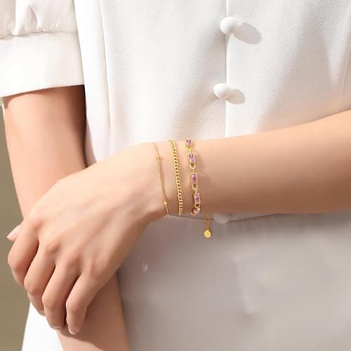 GexTyde Gold Birthstone Bracelet for Women, 18K Gold Plated Layered Jewelry Bracelet Set, Womens Dainty Stackable Bracelets Link Paperclip Chain Valentines Day Gift for Wife Her thumbnail 2