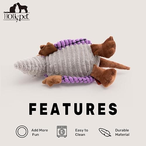 Hollypet Plush Dog Squeaky Toy Stuffed Armadillo Animal Pet Puppy Chew Toys with Clean Teeth for Small Medium Large All Breed Sizes Dogs, Purple, 8 in thumbnail 6