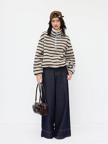 CIDER Fleece Stripe Stand Collar Drawstring Half Zip Oversized Sweatshirt thumbnail 4