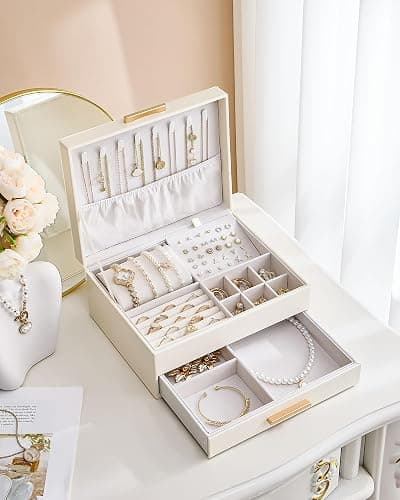 Lolalet 2-Layer Jewelry Box Organizer for Women Girls, Jewelry Storage Case Holder with Drawers for Necklaces Ring Earrings Bracelet Watch, Gifts for Galentines Valentines Girlfriend Wife -Beige thumbnail 8