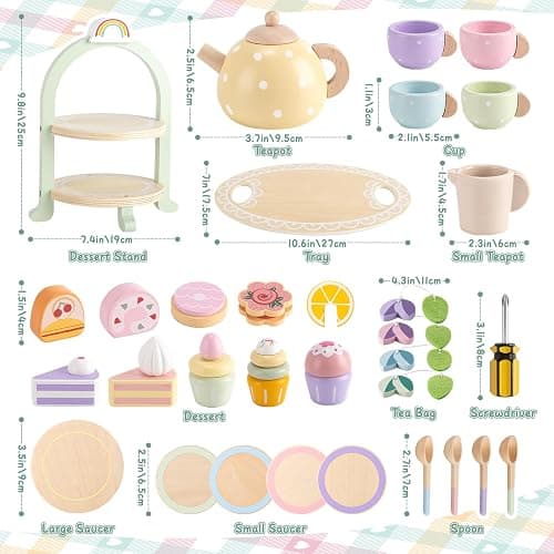 Lonico Wooden Tea Party Set for Little Girls Toddler Tea Set with Cupcake Stand & Food Dessert, Play Kitchen Accessories for Toddlers 2 3 4 5 6 Years Old, Wooden Toys Birthday Kids Girls Gifts 3-6 thumbnail 3