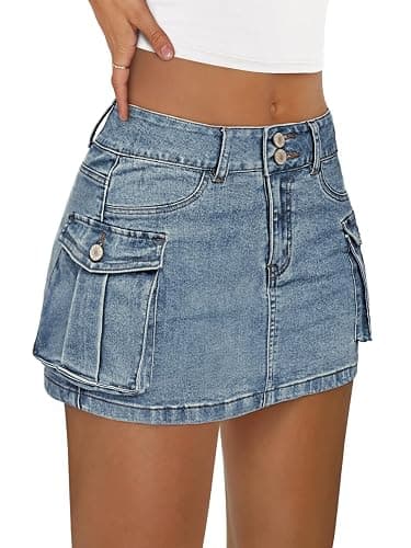 LILLUSORY Women Cargo Mini Skirt Denim Jean Dress with Pocket - Image 1