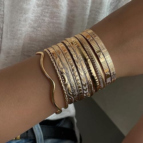 KISS WIFE 11 Pcs Gold Bangles for Women, Adjustable Bangle Bracelets, Multi Layer Open Stackable Cuff Bracelet Set, Fashion Accessories Jewelry Gifts for Women thumbnail 3
