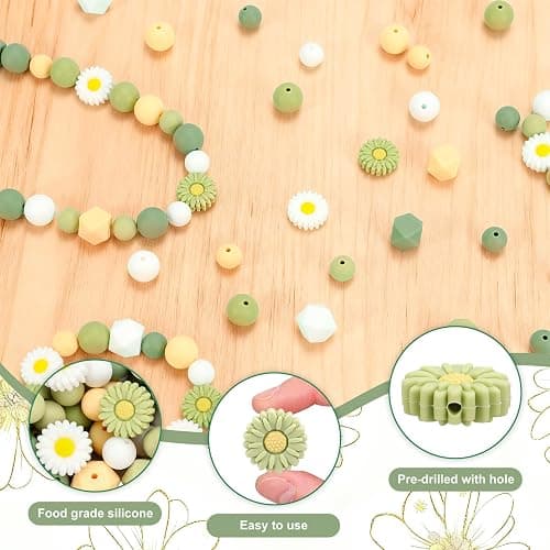 Whaline 100 Pcs Daisy Flower Silicone Beads Sage Green White Round Hexagon Loose Rubber Beads for DIY Crafts Jewelry Necklace Bracelet Keychain Making thumbnail 4
