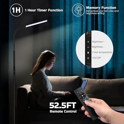 Dimunt LED Floor Lamp, Bright 15W Floor Lamps for Living Room with 1H Timer, Stepless Adjustable 3000K-6000K Colors & Brightness Standing Lamp with Remote & Touch Control Reading Floor Lamps thumbnail 6