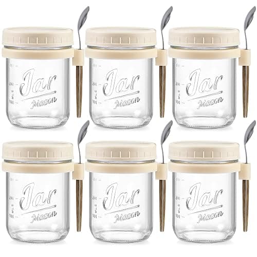 6 Pack Overnight Oats Containers with Lids and Spoons, 16 oz Glass Mason Overnight Oats Jars, Large Capacity Airtight Jars for Milk, Cereal, Fruit(Beige) - Image 1