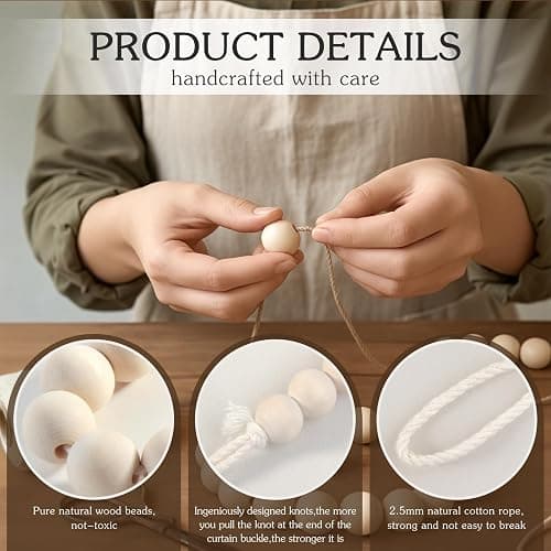 Hion 4 Pcs Boho Curtain Tiebacks,Wood Beads Curtain Holdbacks,Outdoor Farmhouse Tie Backs for Curtains,Curtain Holders for Drapes Home Office Room Decor with Hooks No Drilling(Wood Color) thumbnail 3