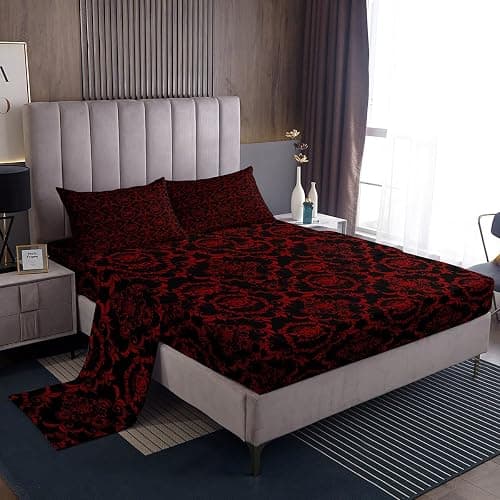 Feelyou Adults Gothic Sheet Set Queen Size Vintage Rose Boho Sheets with Deep Pocket Fitted Sheet Black Red Damask Bed Sheets Set Luxury Farmhouse Bedding Set Room Decorations Bed Set - Image 1