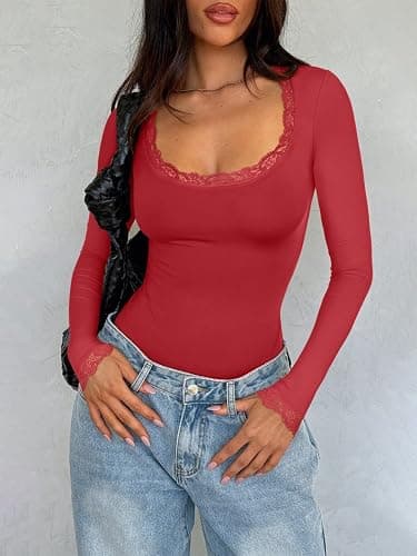 REORIA Women's Sexy Lace Scoop Neck Long Sleeve Double Lined Layering Slim Bodysuit Tops thumbnail 3