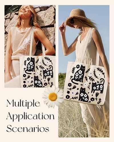 Miss Adola Embroidery Canvas Tote Bag for Women - Reusable Totes with Pocket & Buckle Aesthetic Cute Grocery Shoulder Bag thumbnail 6