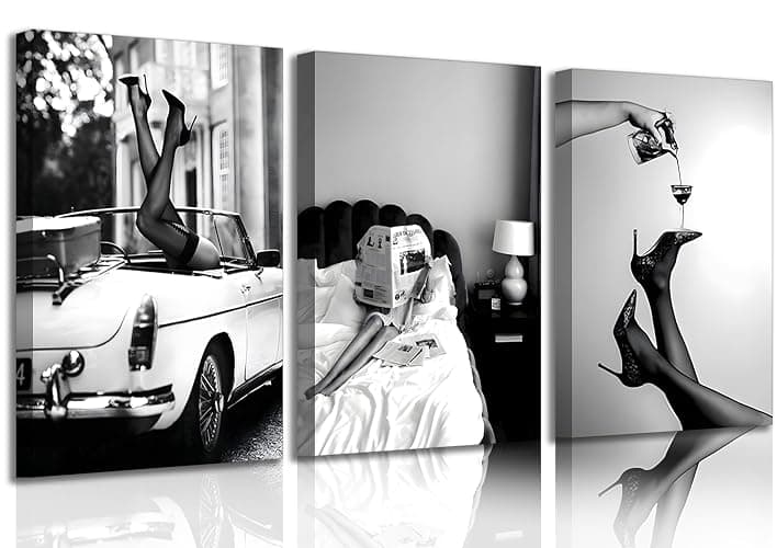 Set of 3 Framed Stylish Women Reading Newspaper Before Bed Wall Art, High Heels Vintage Car Posters, Feminist Black And White Vintage Canvas Prints pictures , Home living room wall decoration bar cart - Image 1