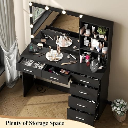 Gyfimoie 39 Inches Black Vanity Desk with Lights, 6-Drawers Makeup Vanity Table with Power Strip and Storage Shelves, Dressing Table with Lighted Mirror for Women Girls (Black) thumbnail 4