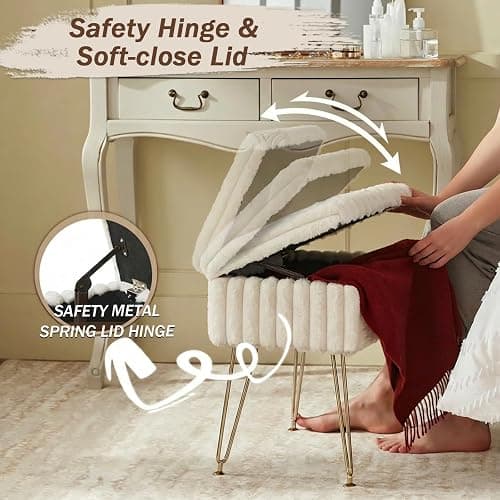 EBENCHICO Vanity Stool Chair with Storage, Faux Fur Stools for Vanity | Makeup Ottoman, Foot Stool, with 4 Metal Legs, Adjustable Feet, Small Vanity Bench, for Living Room Bedroom, White thumbnail 4