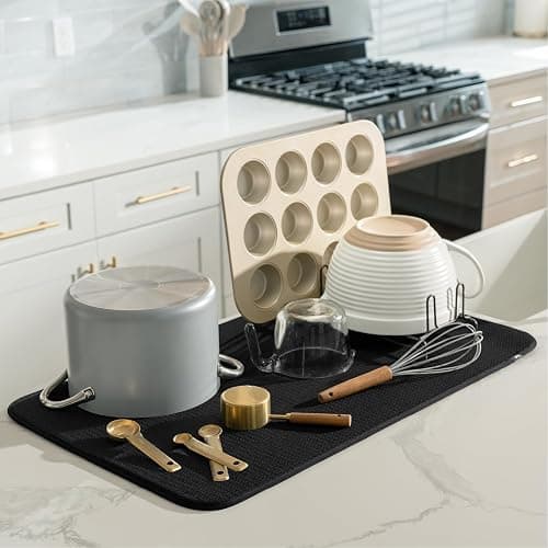S&T INC. Dish Drying Mat Jumbo, 18” x 30”, Absorbent Microfiber Kitchen Counter Mat, Dish Drying Pad for Dishes, Utensils, Pots and Pans, Jumbo, Black thumbnail 2