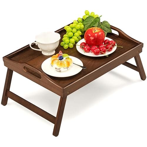 2 Pack Bed Tray Table Breakfast Trays Serving Tray Bamboo Bed Laptap with Floding Legs Handles and Phone Holders - Walnut 2 Pack thumbnail 7