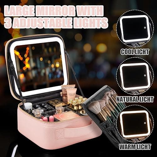 Makeup Travel Train Case with Mirror LED Light 3 Adjustable Brightness Cosmetic Bag Portable Storage Adjustable Partition Waterproof Makeup Brushes Makeup Jewelry Gift for Women (Pink checkered) thumbnail 5