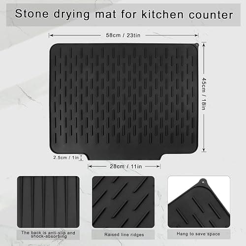 Silicone Drying Mat for Kitchen Counter，23"×18"drain mats for kitchen counter，dish drying rack ，dish drying mat large (black） thumbnail 2
