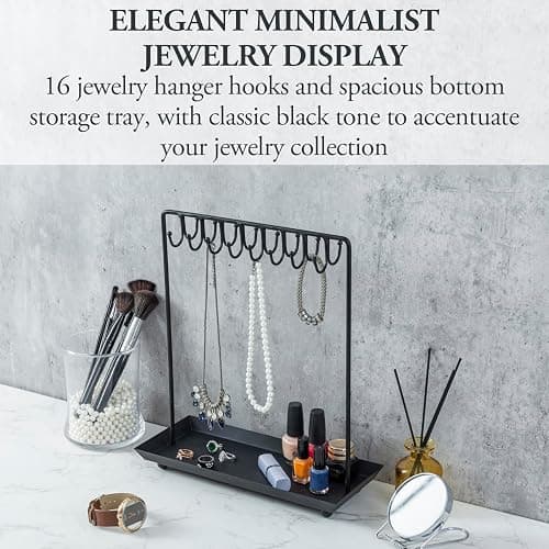 MyGift Black Metal Jewelry Stand for Women Jewelry Organizer Stand for Necklaces with 20 Hooks and Ring Tray Sturdy Necklace Pole thumbnail 4