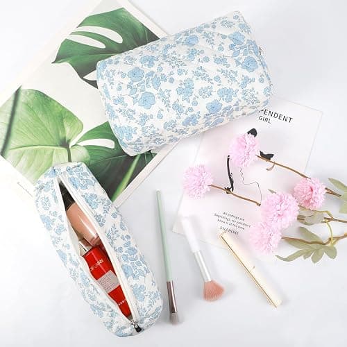 Gocvo 3 Pcs Makeup Bag Cosmetic Bag Set for Girls Women Checkered Travel Organizer Bathroom Toiletry Pouch Large Capacity Storage Bag(Blue Flower) thumbnail 3