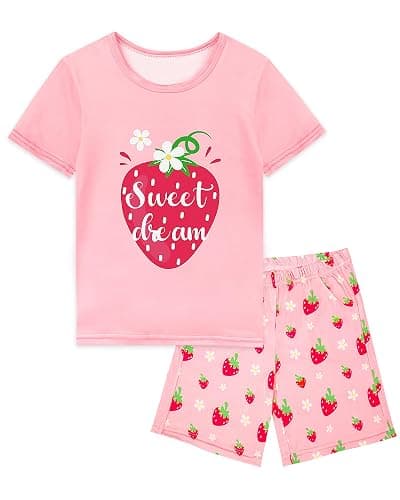 Nidoul Girls Pajamas Short Sleeve Toddler Summer Pjs Girls' Sleepwear 2 Pieces Lounge Sets Kids Clothes 3T-14Y - Pink Strawberry - 5-6 Years - Image 1