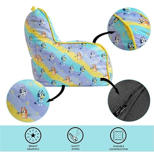 Idea Nuova Bluey Kids Micromink Bean Bag Sofa Chair with Piping & Top Carry Handle, Bluey and Chloe, Ages 3+ - Bluey thumbnail 5